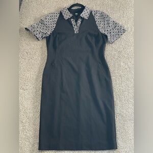 W by Worth Black Pinstripe Dress W/Chain Link Patterned Sleeves/Collar SZ 10
